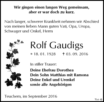 Traueranzeige von Rolf Gaudigs von Mitteldeutsche Zeitung Weißenfels