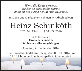Traueranzeige von Heinz Schinköth von Mitteldeutsche Zeitung Merseburg/Querfurt