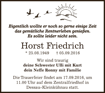 Traueranzeige von Horst Friedrich von WVG - Wochenspiegel Dessau / Köthen