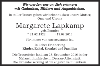 Traueranzeige von Margarete Lapkamp von WVG - Wochenspiegel Dessau / Köthen