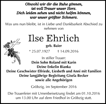 Traueranzeige von Ilse Ehrlich von Mitteldeutsche Zeitung Köthen