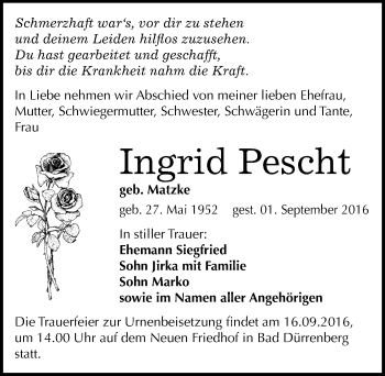 Traueranzeige von Ingrid Pescht von Mitteldeutsche Zeitung Merseburg/Querfurt
