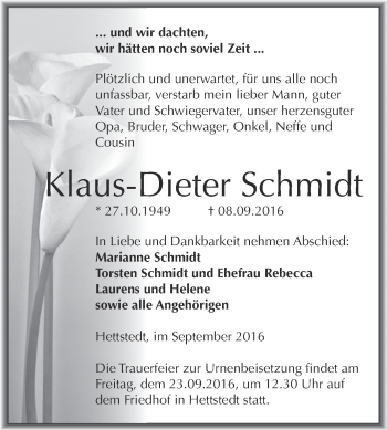 Traueranzeige von Klaus-Dieter Schmidt von Super Sonntag SGH Mansf. Land