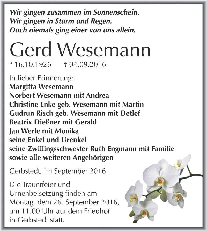  Traueranzeige für Gerd Wesemann vom 21.09.2016 aus Wochenspiegel Mansfelder Land