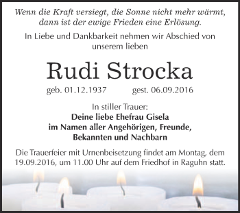 Traueranzeige von Rudi Strocka von WVG - Wochenspiegel Bitterfeld