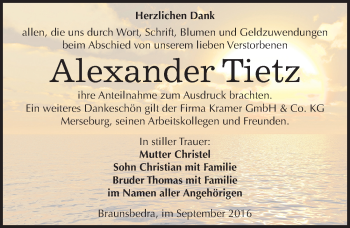 Traueranzeige von Alexander Tietz von Mitteldeutsche Zeitung Merseburg/Querfurt