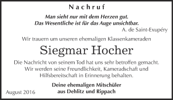 Traueranzeige von Siegmar Hocher von WVG - Wochenspiegel NMB / WSF / ZTZ