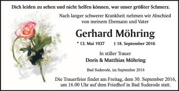 Traueranzeige von Gerhard Möhring von WVG - Wochenspiegel Quedlinburg