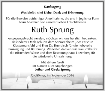 Traueranzeige von Ruth Sprung von Mitteldeutsche Zeitung Mansfelder Land