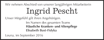 Traueranzeige von Ingrid Pescht von WVG - Wochenspiegel Merseburg