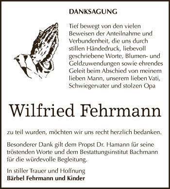 Traueranzeige von Wilfried Fehrmann von WVG - Wochenspiegel Dessau / Köthen