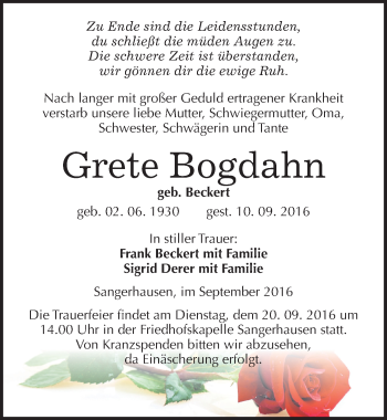 Traueranzeige von Grete Bogdahn von Mitteldeutsche Zeitung Sangerhausen
