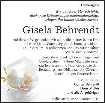 Traueranzeige von Gisela Behrendt von Mitteldeutsche Zeitung Quedlinburg