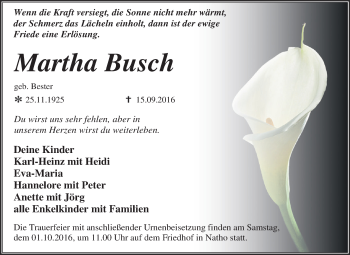 Traueranzeige von Martha Busch von WVG - Wochenspiegel Dessau / Köthen