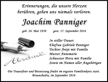 Traueranzeige von Joachim Panniger von Mitteldeutsche Zeitung Merseburg/Querfurt