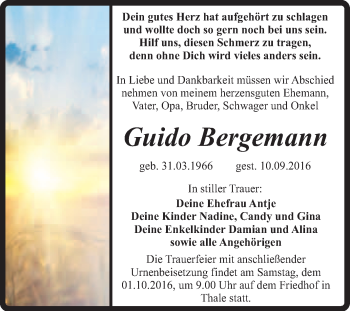 Traueranzeige von Guido Bergemann von Super Sonntag Quedlinburg