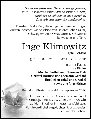 Traueranzeige von Inge Klimowitz von Mitteldeutsche Zeitung Mansfelder Land