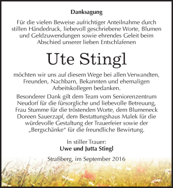Traueranzeige von Ute Stingl von Mitteldeutsche Zeitung Quedlinburg