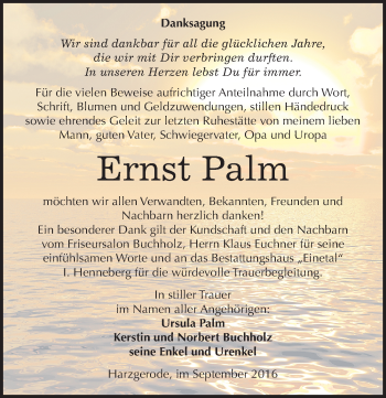 Traueranzeige von Ernst Palm von Mitteldeutsche Zeitung Quedlinburg