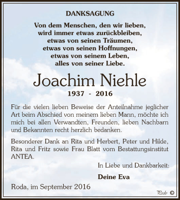 Traueranzeige von Joachim Niehle von Super Sonntag Zeitz