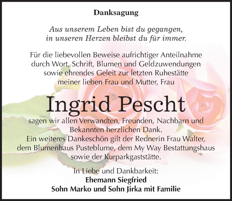  Traueranzeige für Ingrid Pescht vom 24.09.2016 aus Mitteldeutsche Zeitung Weißenfels