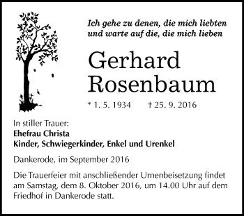 Traueranzeige von Gerhard Rosenbaum von WVG - Wochenspiegel Quedlinburg