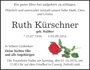 Traueranzeige von Ruth Kürschner von Super Sonntag Wittenberg