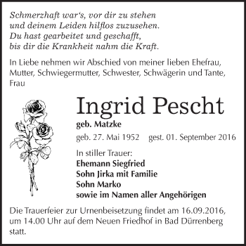 Traueranzeige von Ingrid Pescht von WVG - Wochenspiegel Merseburg