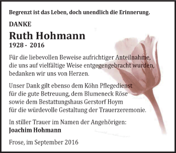 Traueranzeige von Ruth Hohmann von Mitteldeutsche Zeitung Aschersleben