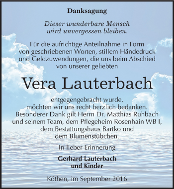 Traueranzeige von Vera Lauterbach von Mitteldeutsche Zeitung Köthen