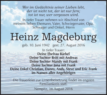 Traueranzeige von Heinz Magdeburg von WVG - Wochenspiegel Merseburg