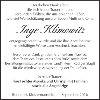Traueranzeige von Inge Klimowitz von Wochenspiegel Mansfelder Land