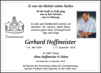 Traueranzeige von Gerhard Hoffmeister von Mitteldeutsche Zeitung Quedlinburg