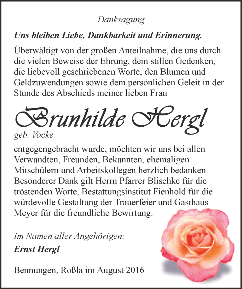  Traueranzeige für Brunhilde Hergl vom 02.09.2016 aus Mitteldeutsche Zeitung Sangerhausen