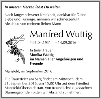 Traueranzeige von Manfred Wuttig von Mitteldeutsche Zeitung Mansfelder Land