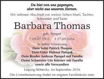 Traueranzeige von Barbara Thomas von Mitteldeutsche Zeitung Zeitz