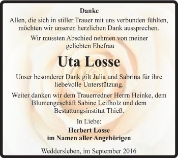 Traueranzeige von Uta Losse von Super Sonntag Quedlinburg