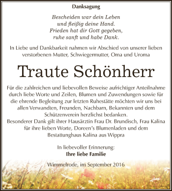 Traueranzeige von Traute Schönherr von Wochenspiegel Mansfelder Land
