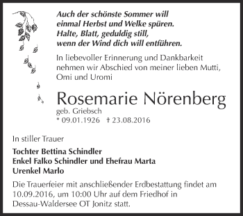 Traueranzeige von Rosemarie Nörenberg von WVG - Wochenspiegel Dessau / Köthen