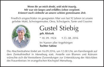 Traueranzeige von Gustel Stiebig von Mitteldeutsche Zeitung Merseburg/Querfurt