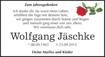 Traueranzeige von Wolfgang Jäschke von Mitteldeutsche Zeitung Sangerhausen