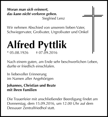Traueranzeige von Alfred Pyttlik von Mitteldeutsche Zeitung Dessau-Roßlau