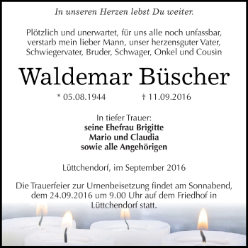 Traueranzeige von Waldemar Büscher von Super Sonntag SGH Mansf. Land