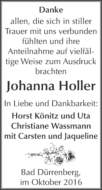 Traueranzeige von Johanna Holler von Super Sonntag Merseburg
