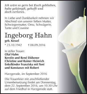 Traueranzeige von Ingeborg Hahn von Mitteldeutsche Zeitung Quedlinburg