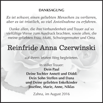 Traueranzeige von Reinfride Anna Czerwinski von Super Sonntag Wittenberg