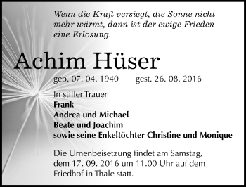 Traueranzeige von Achim Hüser von Mitteldeutsche Zeitung Quedlinburg