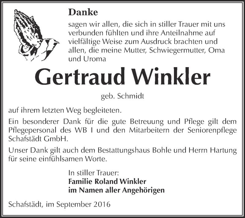  Traueranzeige für Gertraud Winkler vom 01.10.2016 aus Super Sonntag Merseburg