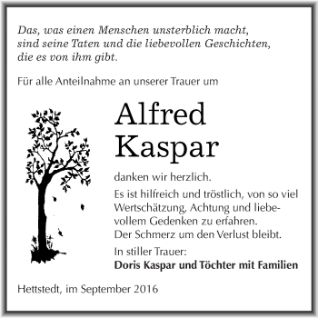 Traueranzeige von Alfred Kaspar von Super Sonntag SGH Mansf. Land