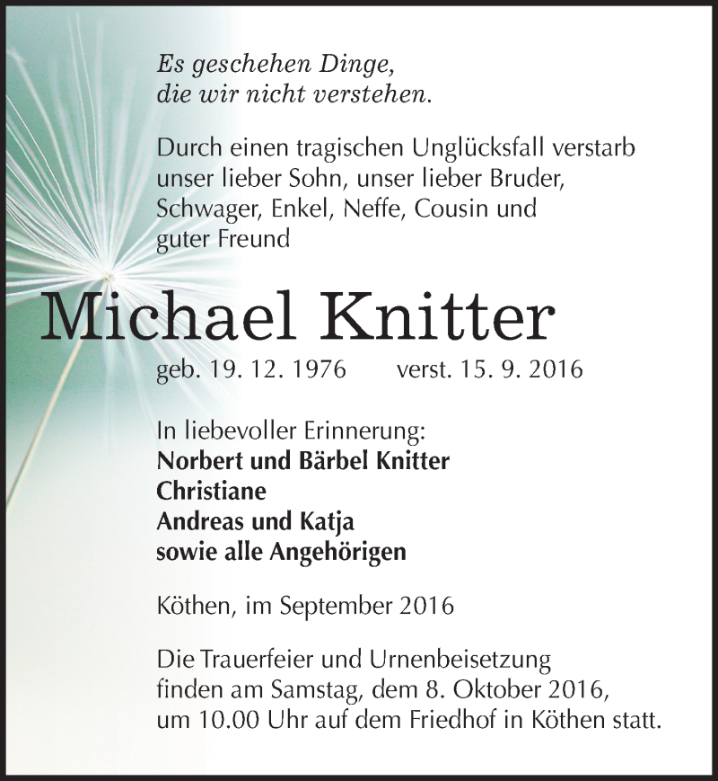  Traueranzeige für Michael Knitter vom 28.09.2016 aus Mitteldeutsche Zeitung Köthen